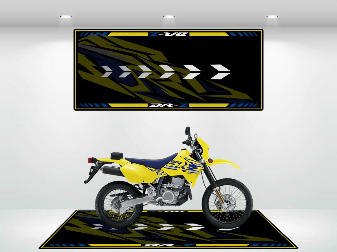 Motorcycle mat fitted under Suzuki DRZ Champion Yellow — custom garage mat designed for Suzuki motorcycle owners
