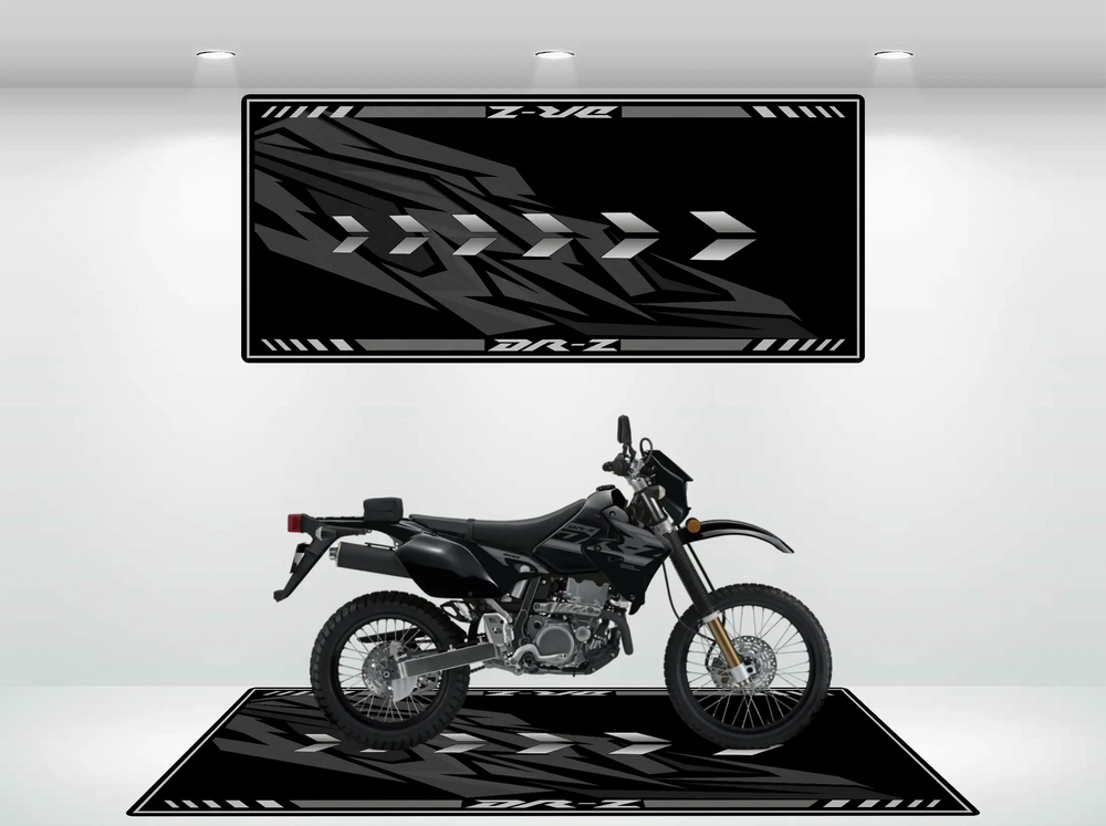 Motorcycle mat fitted under Suzuki DRZ Solid Black — custom garage mat designed for Suzuki motorcycle owners