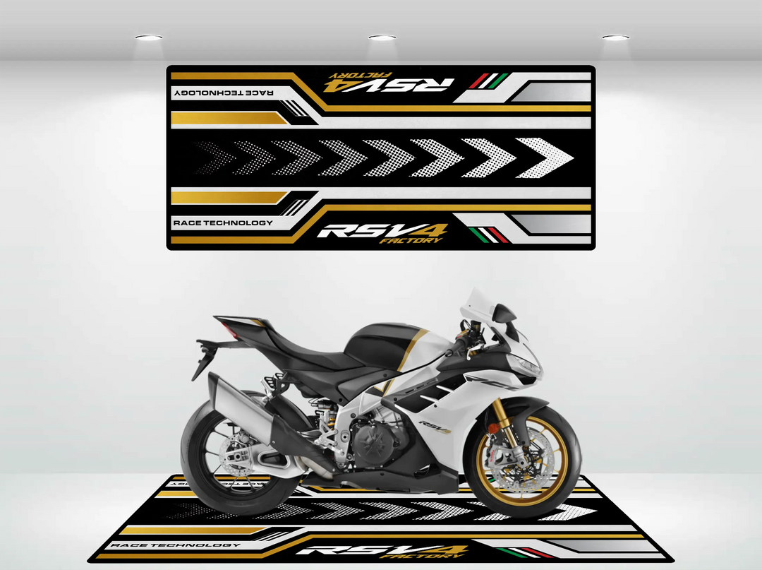 Motorcycle mat fitted under Aprilia RSV4 Ultra Gold — custom garage mat designed for Italian superbike owners