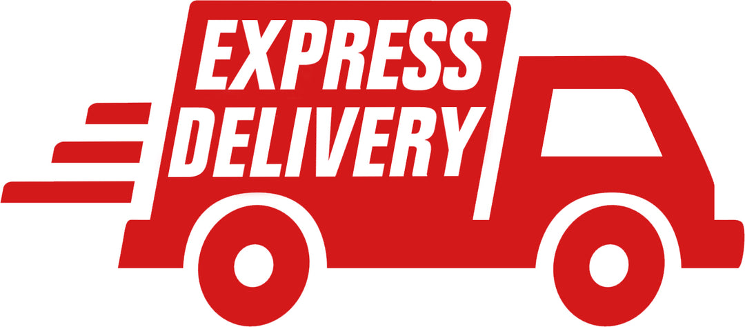A red delivery truck graphic featuring Express Shipping in bold white letters, from Motorcycle Mats sleek style, zooms by with motion lines emphasizing speed for a dynamic touch.