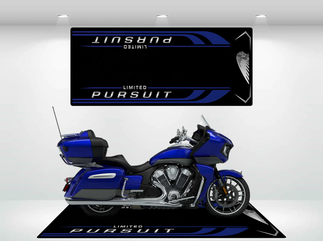 Spirit blue metallic motorcycle mat designed for Indian Pursuit Limited..Perfect for garage parking or track setups.