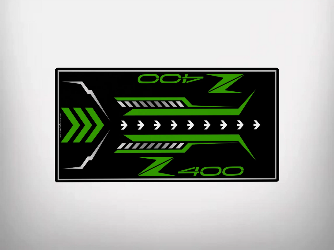 Custom garage floor mat designed for Kawasaki Z400, featuring a black and green racing-inspired pattern with arrows and Z400 logos
