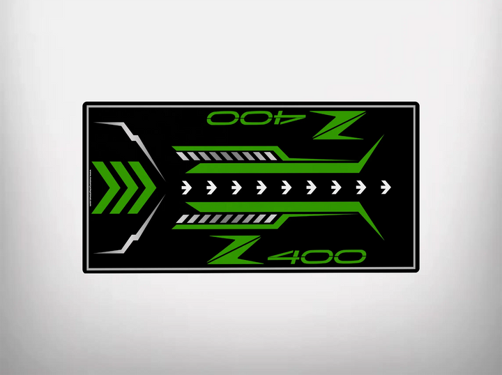Custom garage floor mat designed for Kawasaki Z400, featuring a black and green racing-inspired pattern with arrows and Z400 logos
