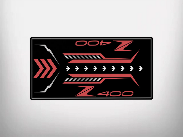 Custom motorcycle mat for Kawasaki Z400 in red and black color scheme with dynamic arrows and Z400 logo, perfect for garage floor or pit use.