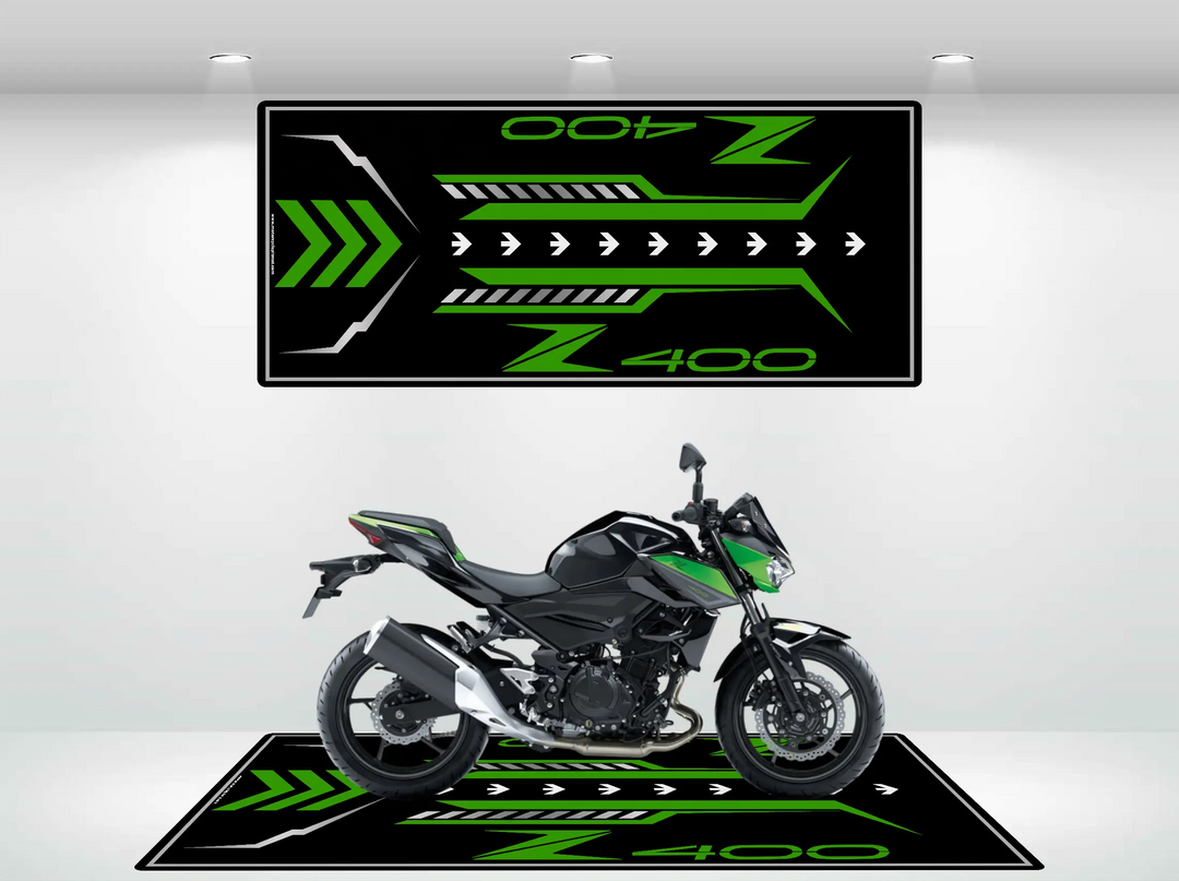 Motorcycle mat designed for Kawasaki Z400, featuring a matching green and black graphic layout with directional arrows and the Z400 logo.