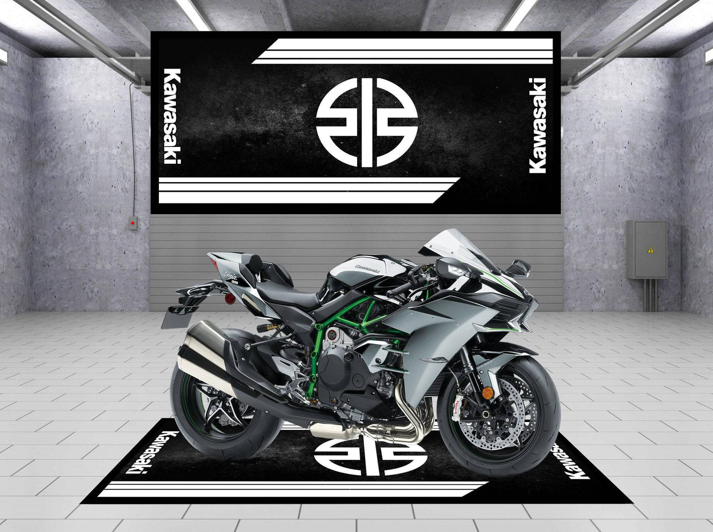 Designed Motorcycle Mat for Kawasaki Universal Black - Motorcycle Pit Mat